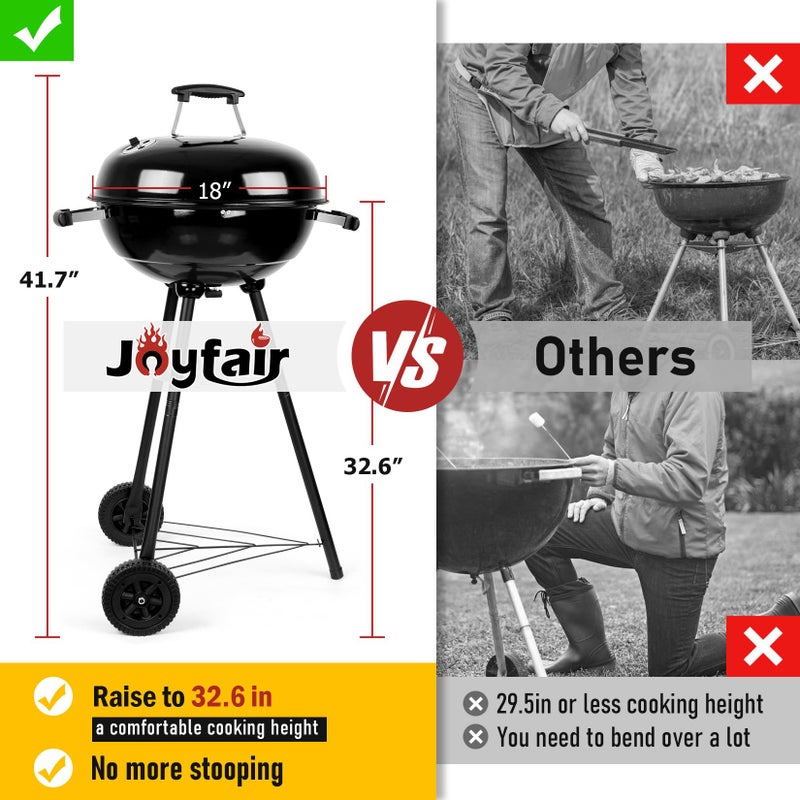 Joyfair Kettle Charcoal Grill (18 Inch), Outdoor Barbecue Grill for Camping/Backyard/Tabletop Grilling, Portable Round Smoker with Wheels, Enameled Lid & Fire Bowl, Dual Venting System, Black - Image 2