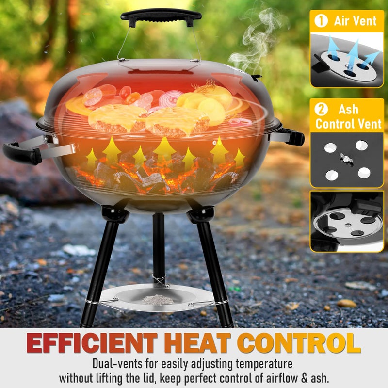 Joyfair Kettle Charcoal Grill (18 Inch), Outdoor Barbecue Grill for Camping/Backyard/Tabletop Grilling, Portable Round Smoker with Wheels, Enameled Lid & Fire Bowl, Dual Venting System, Black - Image 5