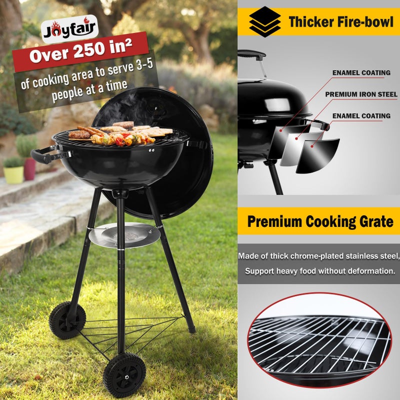 Joyfair Kettle Charcoal Grill (18 Inch), Outdoor Barbecue Grill for Camping/Backyard/Tabletop Grilling, Portable Round Smoker with Wheels, Enameled Lid & Fire Bowl, Dual Venting System, Black - Image 4