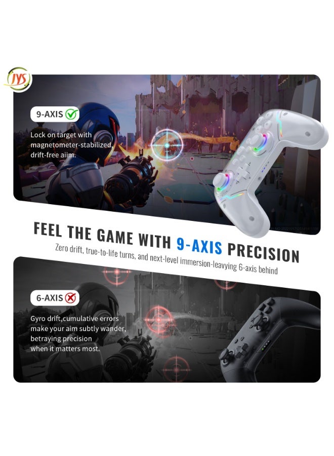 JYS Joystick Controller, compatible with Switch and Switch 2, and connects via Bluetooth to Android, iOS, PC, Mac and Steam Deck for multi-platform gaming. Features a built-in 9-axis gyroscope, no pairing required for wired use, RGB gaming controller, supports audio output, black - Image 3