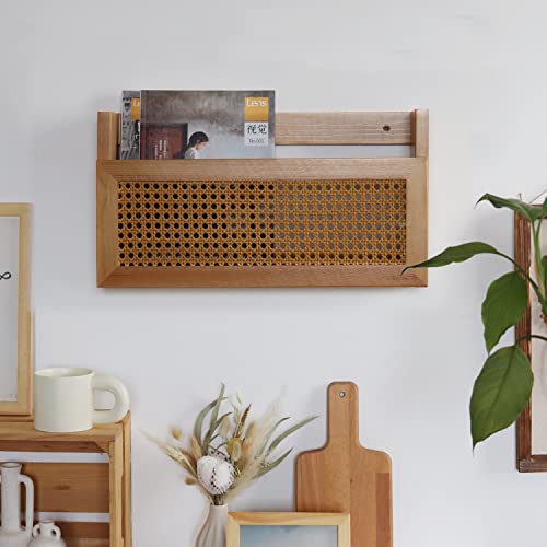 FRIADE Wall Magazine Rack with PE Rattan Grid,Size 17.3" x 4" x 9.4",File Holder For Entryway,Living Room,Waiting Room,Kids’ room,Office(Retro Brown) - Image 2