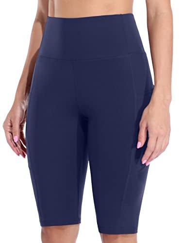 SOCIALA Womens High Waist Biker Shorts with Pockets 12" Workout Running Short Navy - Image 2