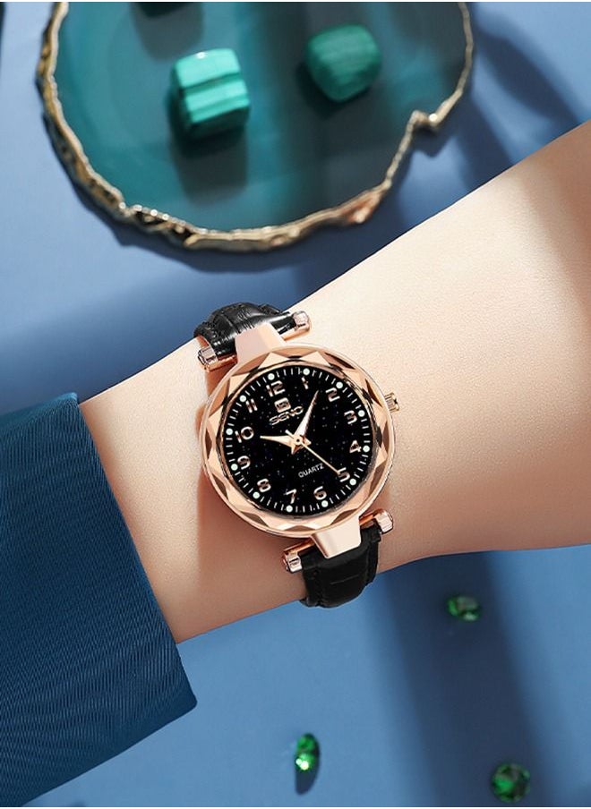 SENO Women's Waterproof Quartz Leather Wristband Watch -Starry Sky - Black-33MM  - Image 2