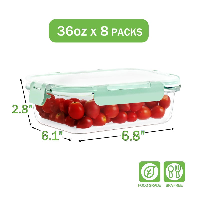 HOMBERKING 8 Pack 36oz Large Glass Meal Prep Containers with lids, Glass Food Storage Containers with Leak Proof Snap Lock Lids , Airtight Bento lunch Boxes, Kitchen Storage, Oven and Dishwasher Safe-Light Blue - Image 2