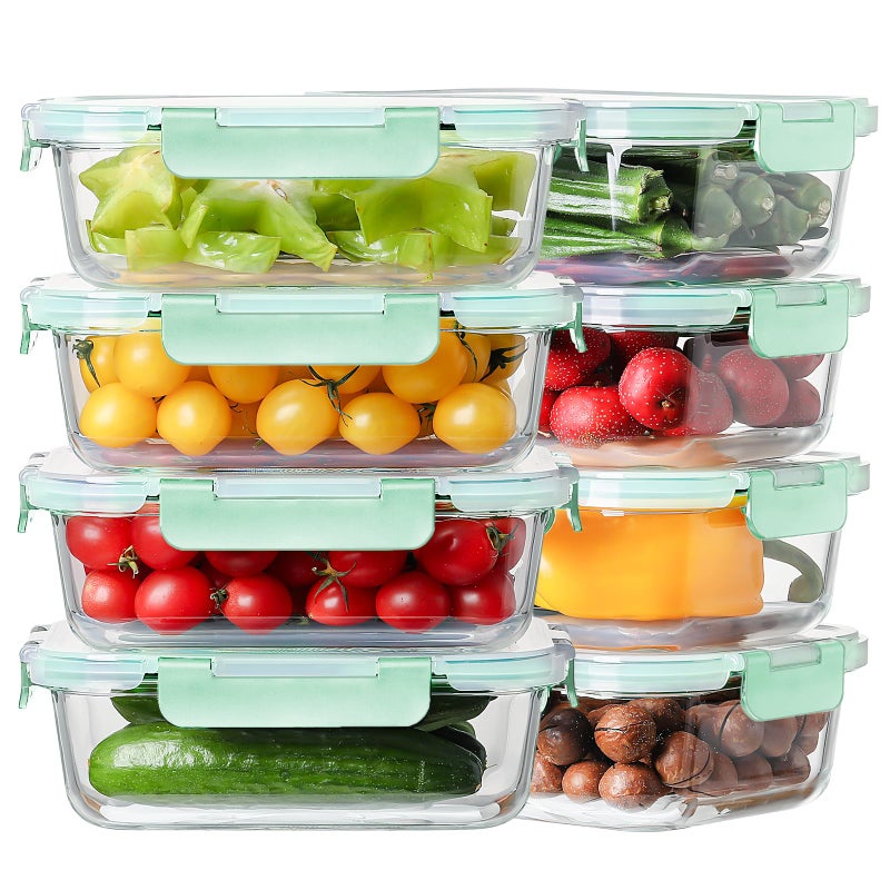 HOMBERKING 8 Pack 36oz Large Glass Meal Prep Containers with lids, Glass Food Storage Containers with Leak Proof Snap Lock Lids , Airtight Bento lunch Boxes, Kitchen Storage, Oven and Dishwasher Safe-Light Blue - Image 1
