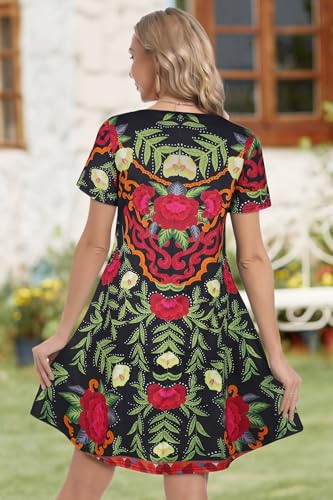 elescat Summer Dresses for Women Casual Loose Short Sleeve Sundress Scoop Neck Beach Cover Up with Pockets(Red Boho, L) - Image 5