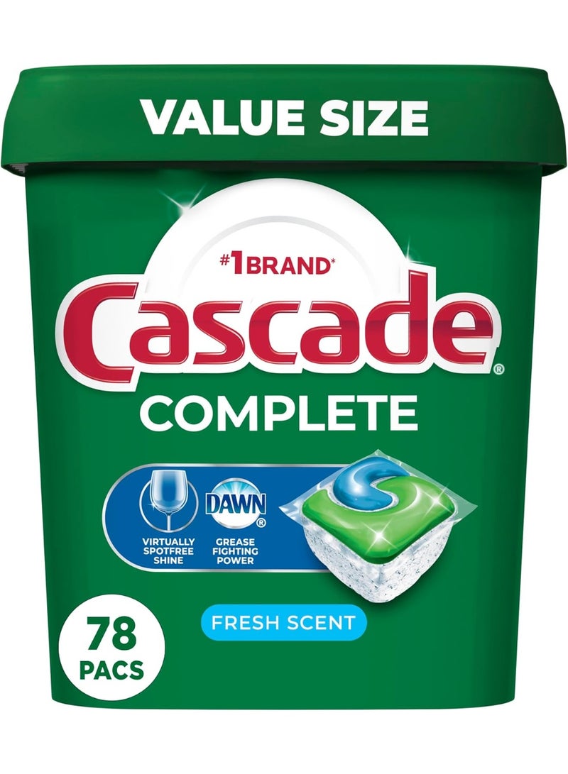 Cascade كبسولات غسالة الصحون Cascade Complete - عبوات برائحة منعشة، منظف غسالة الصحون، صابون غسالة الصحون، كبسولات المنظف، 78 عدداً - Image 1
