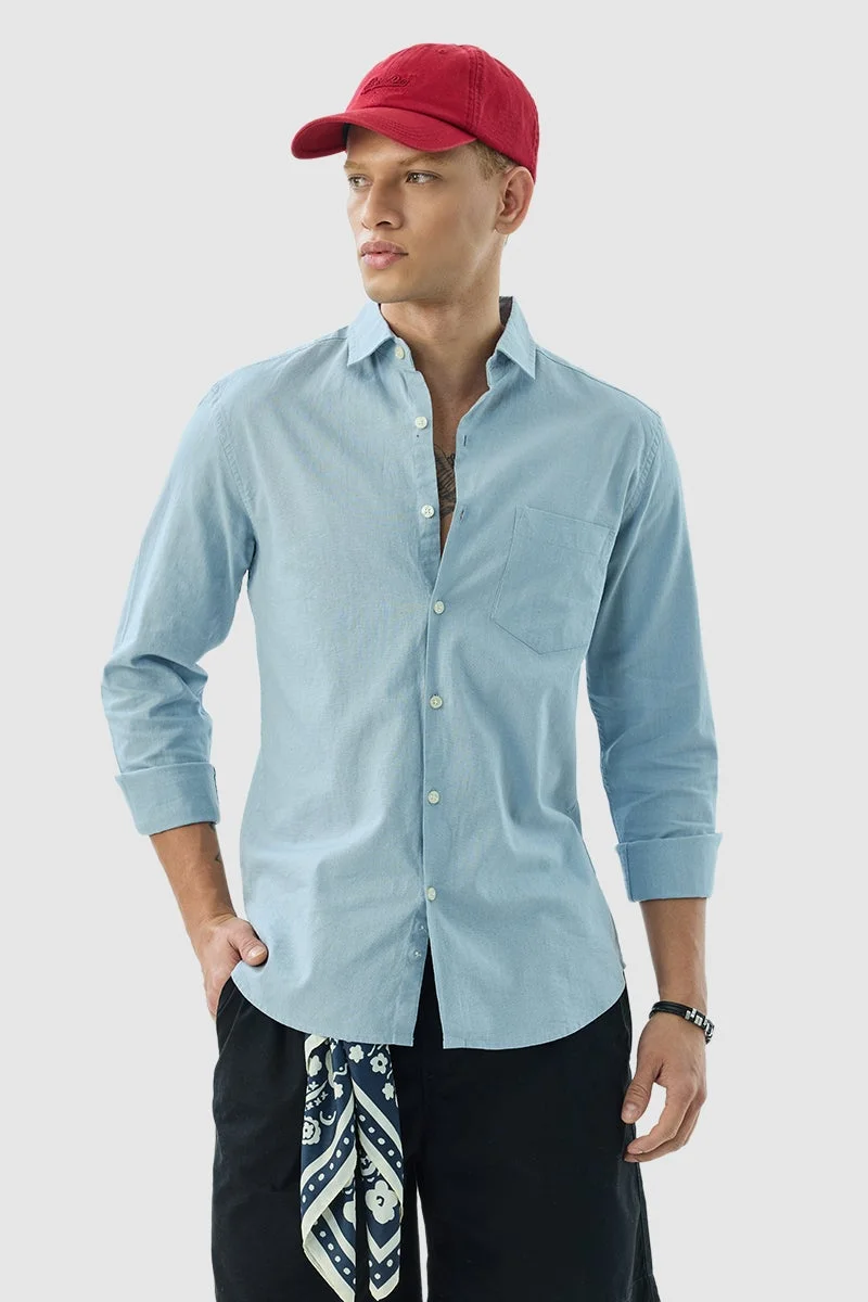 SNITCH Sky Blue Slim Fit Linen Blend Shirt