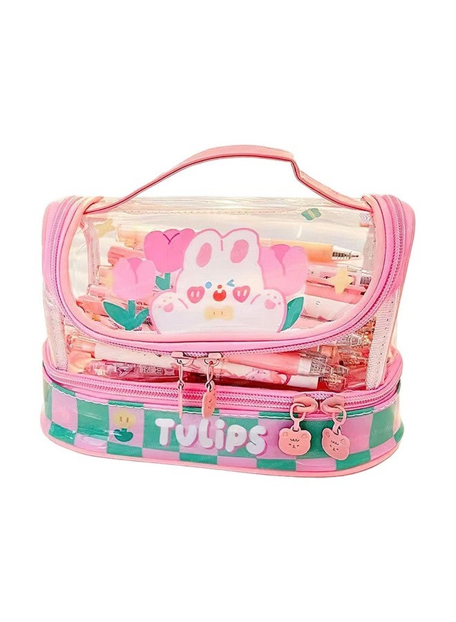 FunBlast Multipurpose Transparent Zipper Pouch for Girls, Portable Cute Stationery & Make up Accessories Organizer Bag for Students, Collage & Office Girls, Aesthetic Zipper Closure Pouch - Pink - Image 1