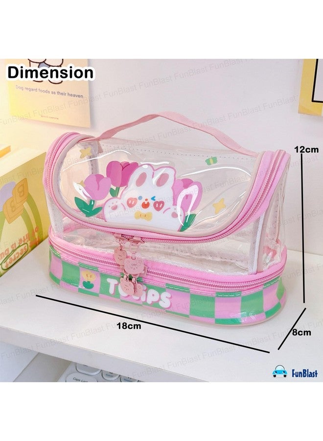 FunBlast Multipurpose Transparent Zipper Pouch for Girls, Portable Cute Stationery & Make up Accessories Organizer Bag for Students, Collage & Office Girls, Aesthetic Zipper Closure Pouch - Pink - Image 3