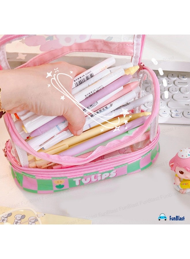 FunBlast Multipurpose Transparent Zipper Pouch for Girls, Portable Cute Stationery & Make up Accessories Organizer Bag for Students, Collage & Office Girls, Aesthetic Zipper Closure Pouch - Pink - Image 2