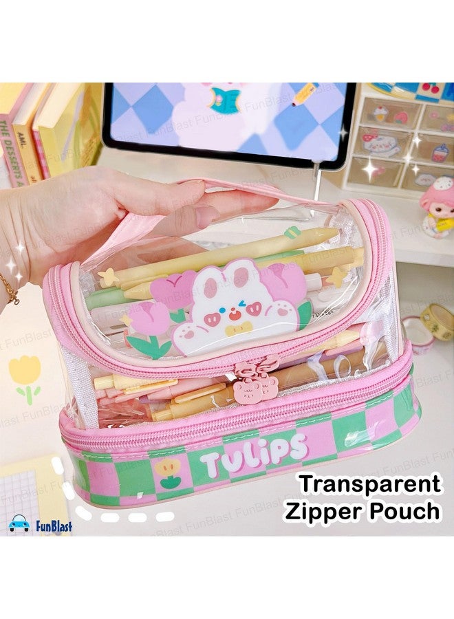 FunBlast Multipurpose Transparent Zipper Pouch for Girls, Portable Cute Stationery & Make up Accessories Organizer Bag for Students, Collage & Office Girls, Aesthetic Zipper Closure Pouch - Pink - Image 4