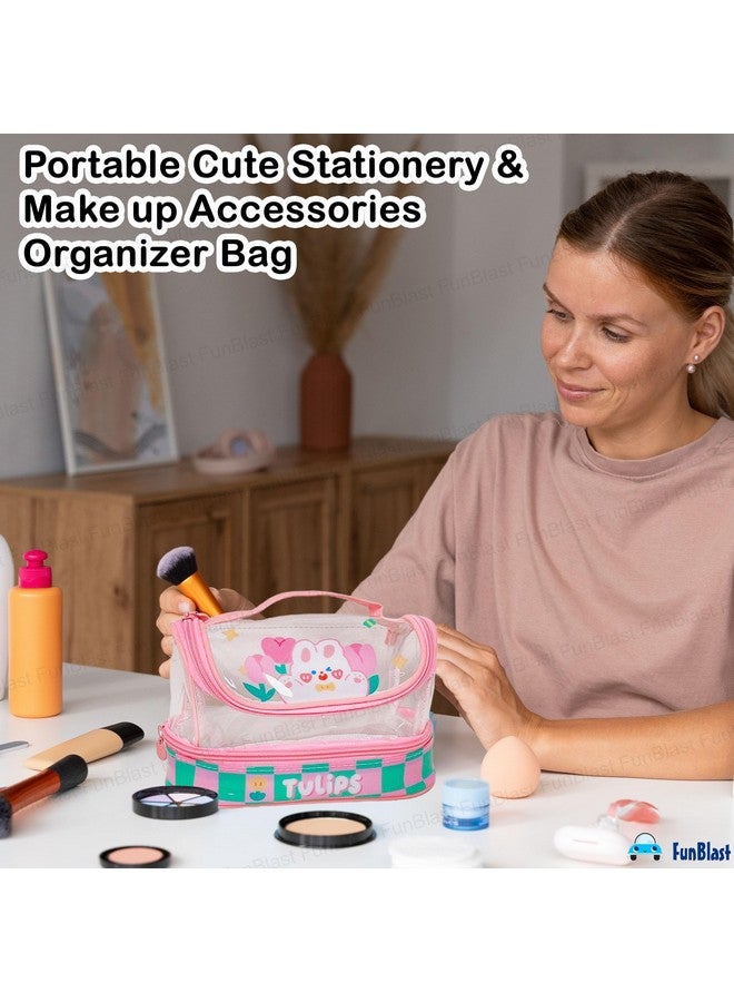 FunBlast Multipurpose Transparent Zipper Pouch for Girls, Portable Cute Stationery & Make up Accessories Organizer Bag for Students, Collage & Office Girls, Aesthetic Zipper Closure Pouch - Pink - Image 5