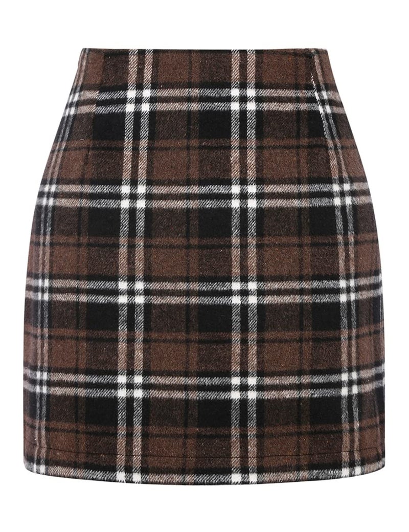 IDEALSANXUN Womens Fall Winter High Waisted Plaid Skirt Bodycon Pencil Wool Mini Skirts(Coffee, L) - Image 2