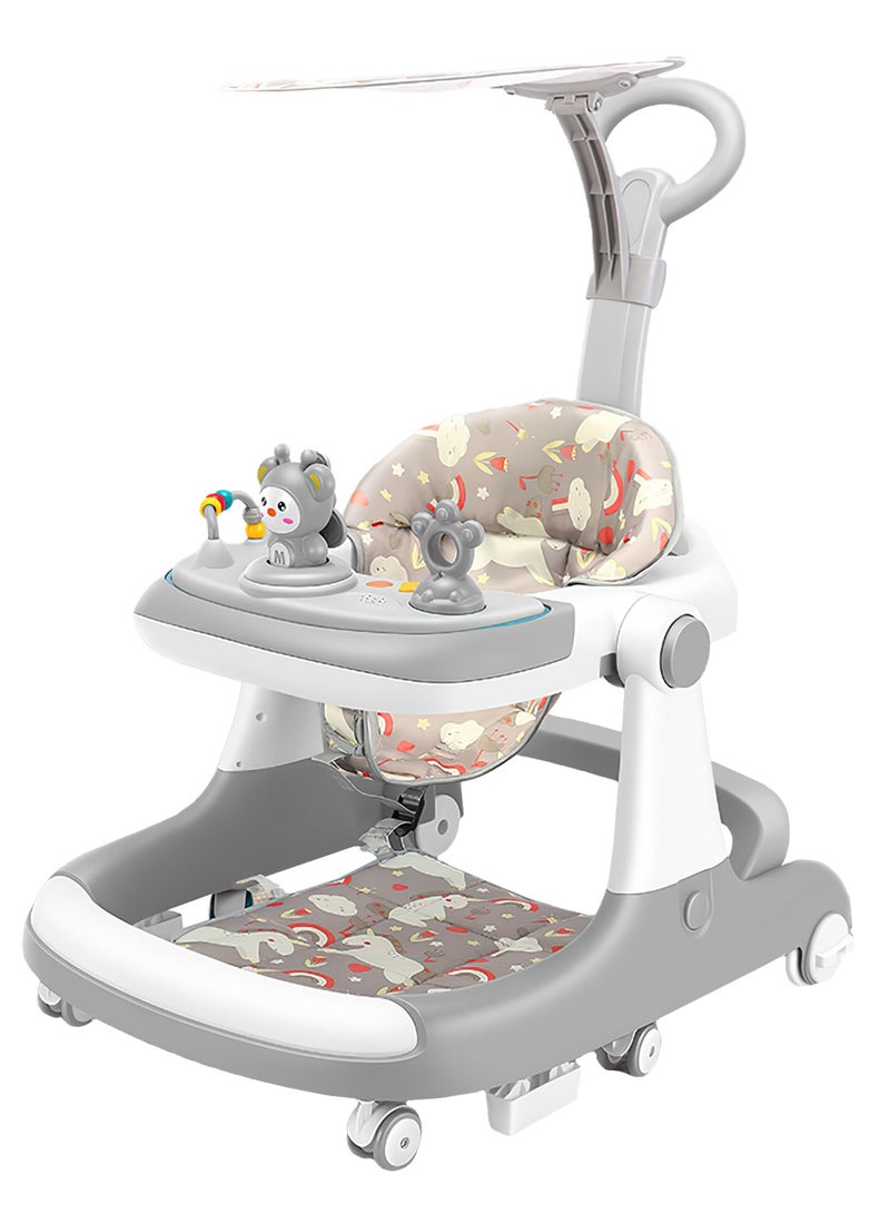 Favarey Baby Walker 5-in-1 Baby Walkers  for Boys and Girls 6-12 Months 1-3 Years Old  Anti-O-leg Multi-Function Anti-Rollover Children Walkers  with Parent Push Handle Adjustable Height Toddler Walker Push with Cushion Jump Pad Sunshade Feeding Tray & Music Wheel 360° Rotation  Foldable & Adjustable Activity Walker ( Grey) - Image 1