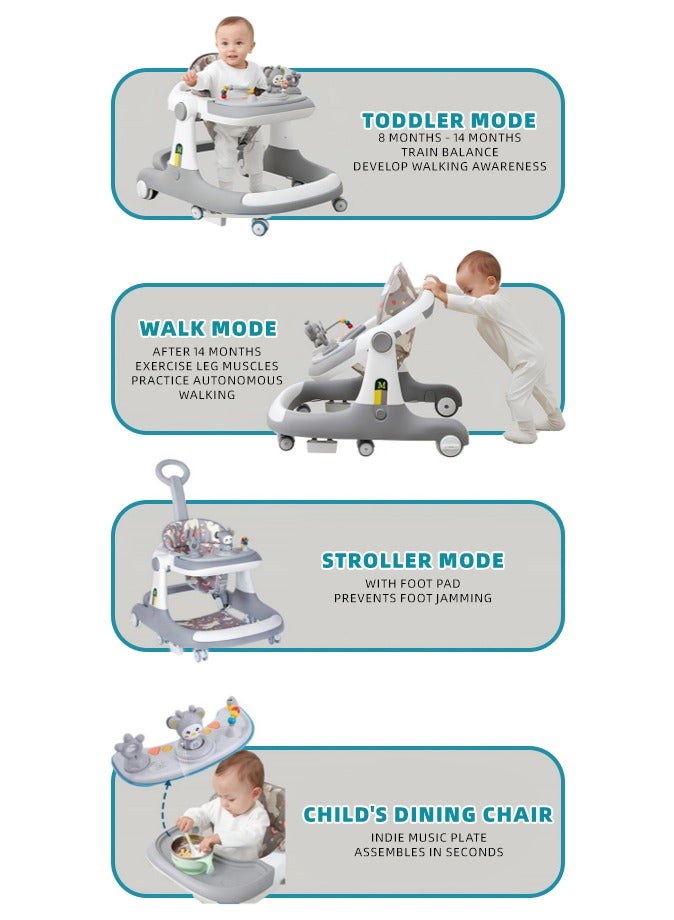 Favarey Baby Walker 5-in-1 Baby Walkers  for Boys and Girls 6-12 Months 1-3 Years Old  Anti-O-leg Multi-Function Anti-Rollover Children Walkers  with Parent Push Handle Adjustable Height Toddler Walker Push with Cushion Jump Pad Sunshade Feeding Tray & Music Wheel 360° Rotation  Foldable & Adjustable Activity Walker ( Grey) - Image 3