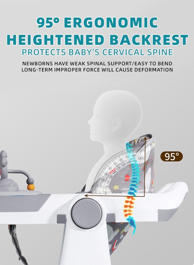 Favarey Baby Walker 5-in-1 Baby Walkers  for Boys and Girls 6-12 Months 1-3 Years Old  Anti-O-leg Multi-Function Anti-Rollover Children Walkers  with Parent Push Handle Adjustable Height Toddler Walker Push with Cushion Jump Pad Sunshade Feeding Tray & Music Wheel 360° Rotation  Foldable & Adjustable Activity Walker ( Grey) - Image 4