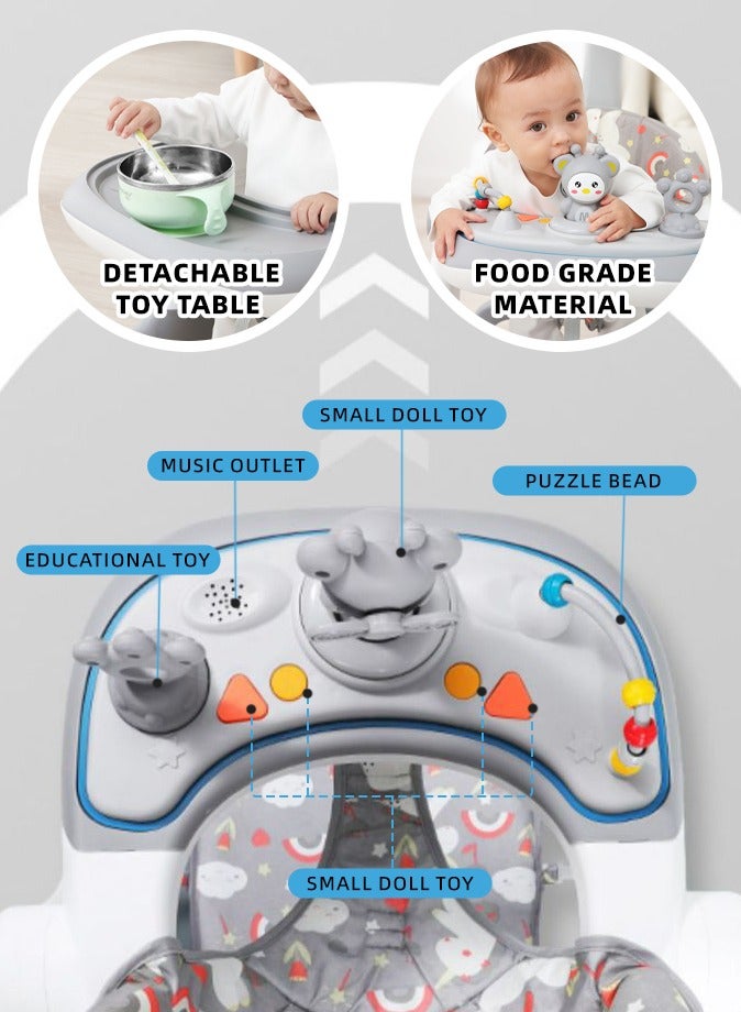 Favarey Baby Walker 5-in-1 Baby Walkers  for Boys and Girls 6-12 Months 1-3 Years Old  Anti-O-leg Multi-Function Anti-Rollover Children Walkers  with Parent Push Handle Adjustable Height Toddler Walker Push with Cushion Jump Pad Sunshade Feeding Tray & Music Wheel 360° Rotation  Foldable & Adjustable Activity Walker ( Grey) - Image 5