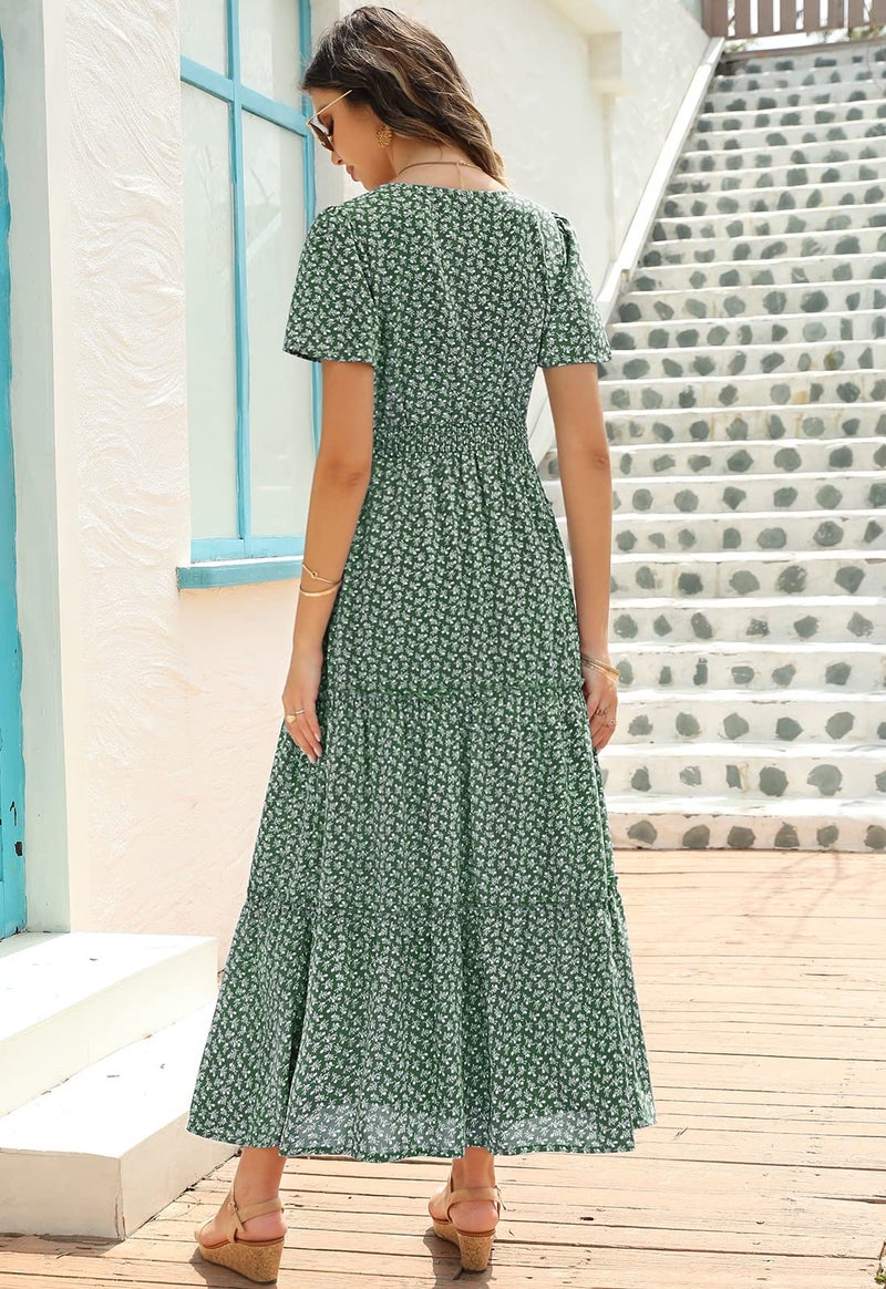 Zattcas Womens 2025 Long Summer Dresses Casual Short Flutter Sleeve V Neck Smocked Waist Tiered Flowy Modest Floral Boho Maxi Dress Green M - Image 3