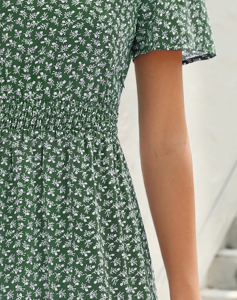 Zattcas Womens 2025 Long Summer Dresses Casual Short Flutter Sleeve V Neck Smocked Waist Tiered Flowy Modest Floral Boho Maxi Dress Green M - Image 5
