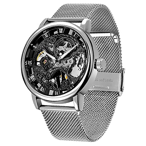 Whodoit Mens Watch HandWind Mechanical Mesh Luminous Silver Black Waterproof WatchSkeleton Mechanical Roman Numeral Mesh Strap Watch for Men - Image 1