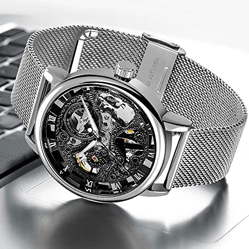 Whodoit Mens Watch HandWind Mechanical Mesh Luminous Silver Black Waterproof WatchSkeleton Mechanical Roman Numeral Mesh Strap Watch for Men - Image 3