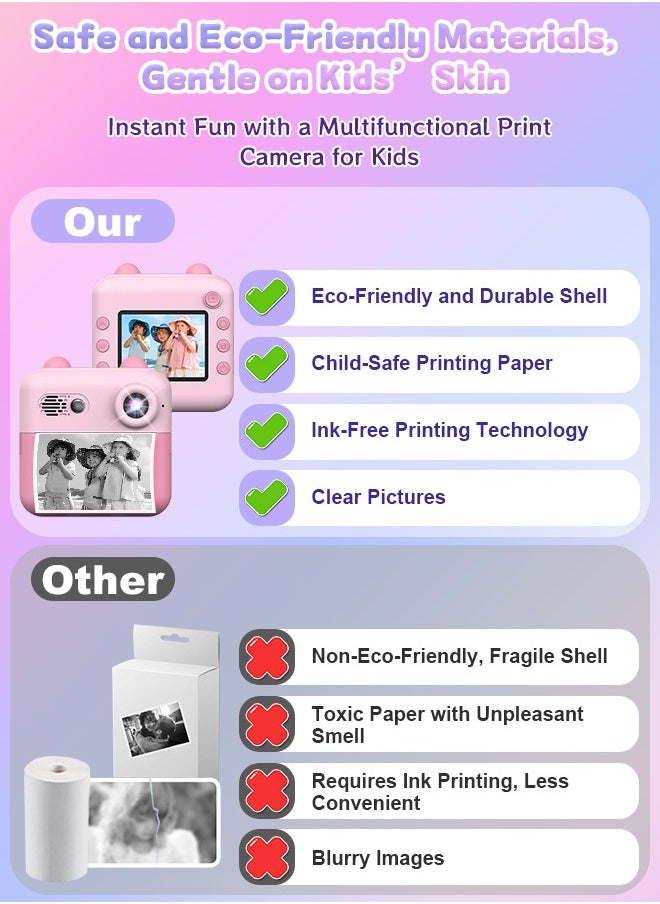 Kids Camera Instant Print,Toddler Portable Travel Film Camera Toy,Printing 720P HD Selfie Digital Photography Camera and Video Recorder with 3 Roll No-Ink Print Paper,Built-in 1300mAh Battery,2.4"IPS LCD Screen,32G SD Card,Mini Children's DIY Camera,Birthday Festival Gifts for Boys/Girls Age 3-12 Years Old