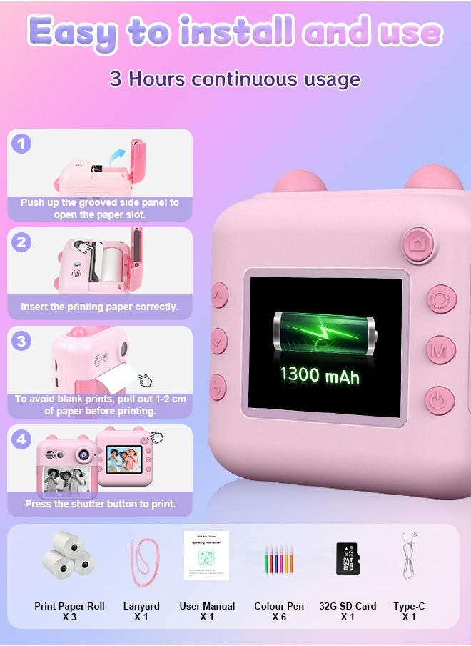Kids Camera Instant Print,Toddler Portable Travel Film Camera Toy,Printing 720P HD Selfie Digital Photography Camera and Video Recorder with 3 Roll No-Ink Print Paper,Built-in 1300mAh Battery,2.4"IPS LCD Screen,32G SD Card,Mini Children's DIY Camera,Birthday Festival Gifts for Boys/Girls Age 3-12 Years Old