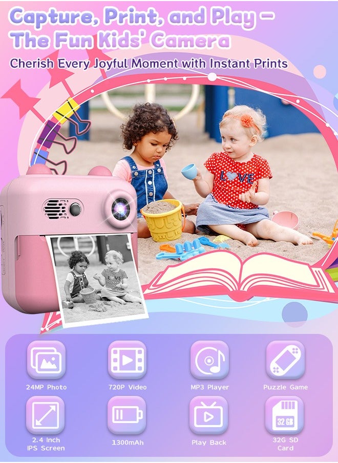 Kids Camera Instant Print,Toddler Portable Travel Film Camera Toy,Printing 720P HD Selfie Digital Photography Camera and Video Recorder with 3 Roll No-Ink Print Paper,Built-in 1300mAh Battery,2.4"IPS LCD Screen,32G SD Card,Mini Children's DIY Camera,Birthday Festival Gifts for Boys/Girls Age 3-12 Years Old
