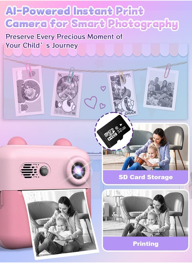 Kids Camera Instant Print,Toddler Portable Travel Film Camera Toy,Printing 720P HD Selfie Digital Photography Camera and Video Recorder with 3 Roll No-Ink Print Paper,Built-in 1300mAh Battery,2.4"IPS LCD Screen,32G SD Card,Mini Children's DIY Camera,Birthday Festival Gifts for Boys/Girls Age 3-12 Years Old