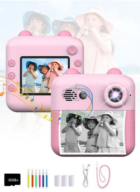 Kids Camera Instant Print,Toddler Portable Travel Film Camera Toy,Printing 720P HD Selfie Digital Photography Camera and Video Recorder with 3 Roll No-Ink Print Paper,Built-in 1300mAh Battery,2.4"IPS LCD Screen,32G SD Card,Mini Children's DIY Camera,Birthday Festival Gifts for Boys/Girls Age 3-12 Years Old