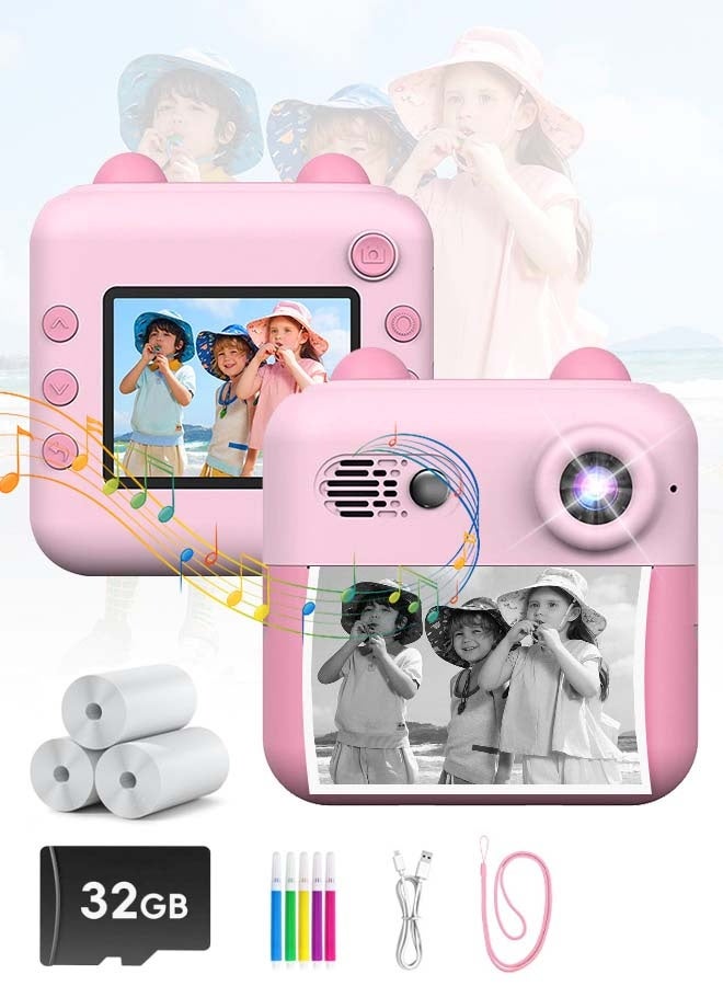 Kids Camera Instant Print,Toddler Portable Travel Film Camera Toy,Printing 720P HD Selfie Digital Photography Camera and Video Recorder with 3 Roll No-Ink Print Paper,Built-in 1300mAh Battery,2.4"IPS LCD Screen,32G SD Card,Mini Children's DIY Camera,Birthday Festival Gifts for Boys/Girls Age 3-12 Years Old - Image 1