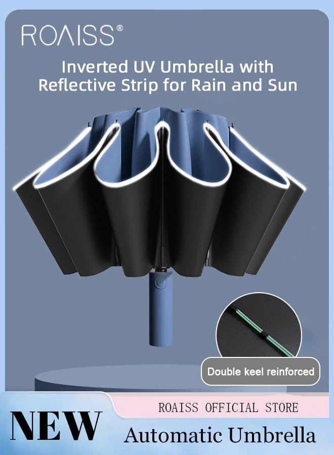 roaiss 20-Rib Fully Automatic Reverse Umbrella Rain or Shine Multifunctional Umbrella Sun Protection Uv Protection Upf40 Thickened Folding Umbrella Compact Travel Umbrella Blue - Image 1