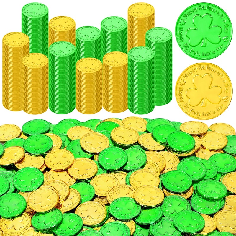 Fullive 300 PCS St Patricks Day Decorations 14 in St Patricks Day Gold Coins Gold Green Shamrock Coins Fake Coins Plastic Coins St Patricks Tokens St Patricks Day Party Supplies Shamrock Decor - Image 3