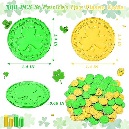 Fullive 300 PCS St Patricks Day Decorations 14 in St Patricks Day Gold Coins Gold Green Shamrock Coins Fake Coins Plastic Coins St Patricks Tokens St Patricks Day Party Supplies Shamrock Decor - Image 5