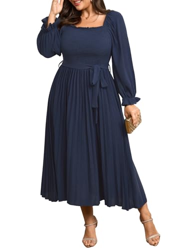 SHESTARR Women's Plus Size Dress Long Sleeve Smocked Square Neck Ruffle Pleated Flowy Wedding Guest Maxi Fall Dress Blue - Image 1