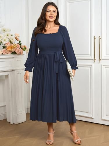 SHESTARR Women's Plus Size Dress Long Sleeve Smocked Square Neck Ruffle Pleated Flowy Wedding Guest Maxi Fall Dress Blue - Image 3