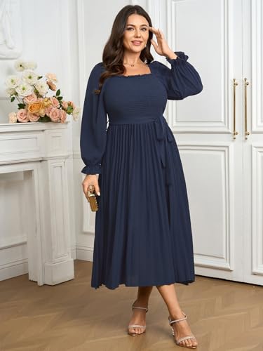 SHESTARR Women's Plus Size Dress Long Sleeve Smocked Square Neck Ruffle Pleated Flowy Wedding Guest Maxi Fall Dress Blue - Image 2