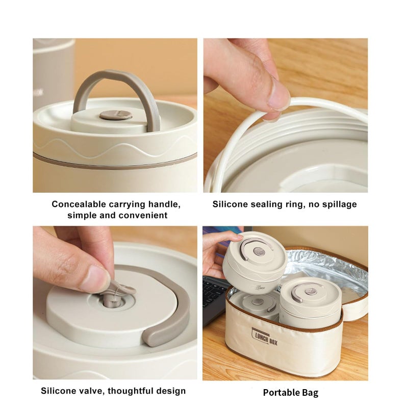 Zbzoalp 4 Pcs Portable Insulated Food Lunch Container Set with Insulation Bag, Round Bento Lunch Box, Microwace Safe with Scald Handle, 4 Separate Stackable Lunch Container for Adult Kids Men Women - Image 4