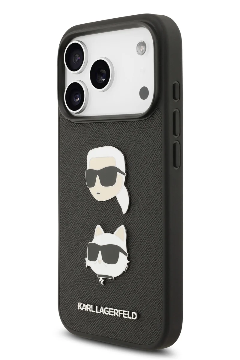 كارل لاغرفيلد غطاء iPhone 17 Pro Max / جراب Lagerfeld كامل من جلد سافيانو مع دبابيس رأس Karl & Choupette - أسود