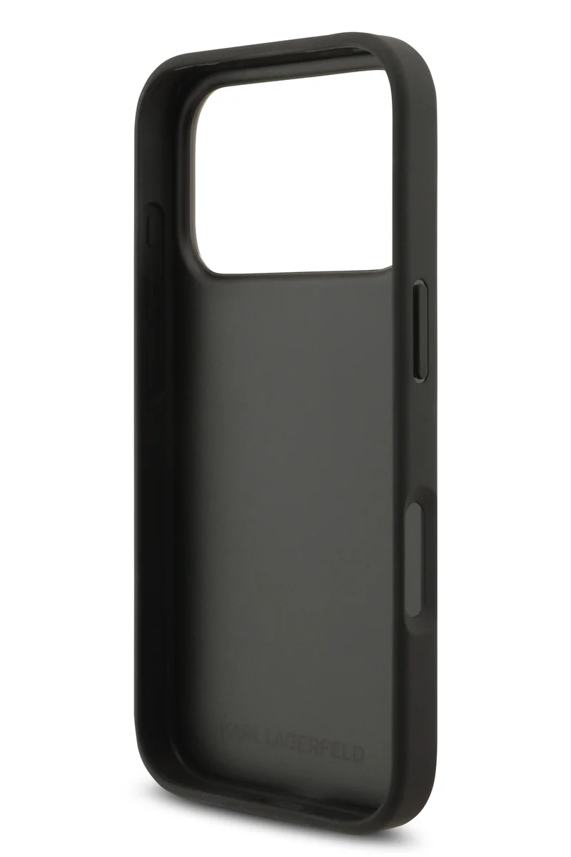 كارل لاغرفيلد غطاء iPhone 17 Pro Max / جراب Lagerfeld كامل من جلد سافيانو مع دبابيس رأس Karl & Choupette - أسود