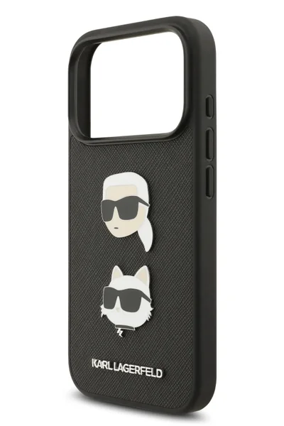 كارل لاغرفيلد غطاء iPhone 17 Pro Max / جراب Lagerfeld كامل من جلد سافيانو مع دبابيس رأس Karl & Choupette - أسود