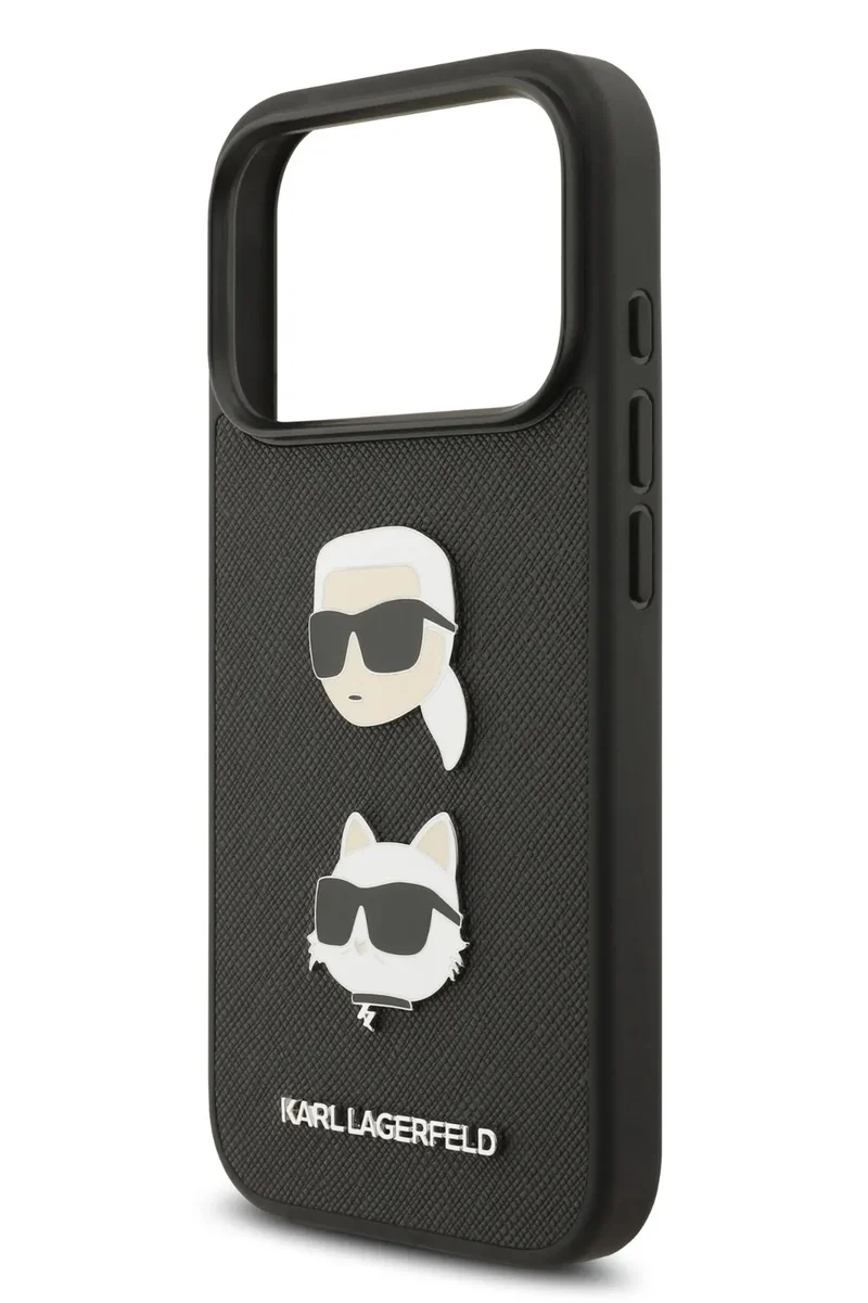 كارل لاغرفيلد غطاء iPhone 17 Pro Max / جراب Lagerfeld كامل من جلد سافيانو مع دبابيس رأس Karl & Choupette - أسود