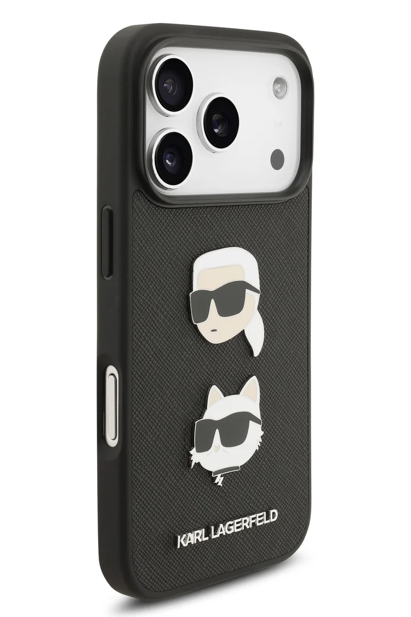 كارل لاغرفيلد غطاء iPhone 17 Pro Max / جراب Lagerfeld كامل من جلد سافيانو مع دبابيس رأس Karl & Choupette - أسود