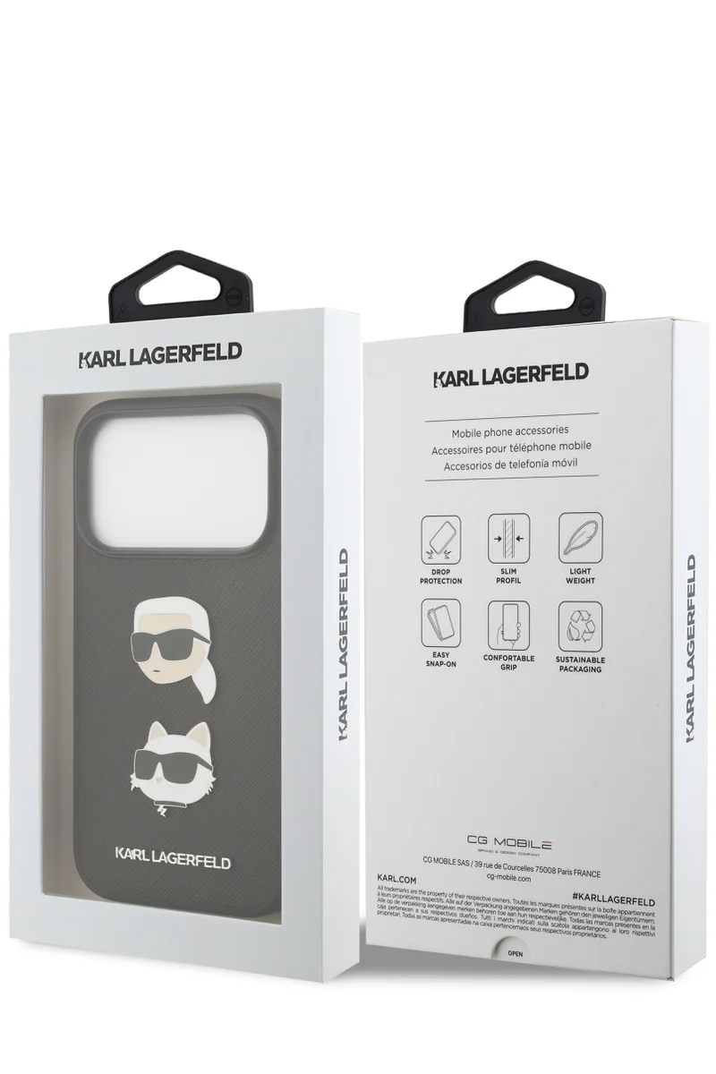 كارل لاغرفيلد غطاء iPhone 17 Pro Max / جراب Lagerfeld كامل من جلد سافيانو مع دبابيس رأس Karl & Choupette - أسود