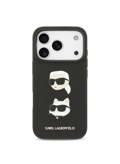 كارل لاغرفيلد غطاء iPhone 17 Pro Max / جراب Lagerfeld كامل من جلد سافيانو مع دبابيس رأس Karl & Choupette - أسود