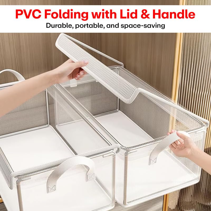 Prime Pick Storage Box Zip Cloth Organizer PVC Foldable Washable Wardrobe Storage Bin with Lid Metal Frame and reinforced Handles Clothes Organizer for Almirah Drawer Transparent Pack of 1 - Image 2