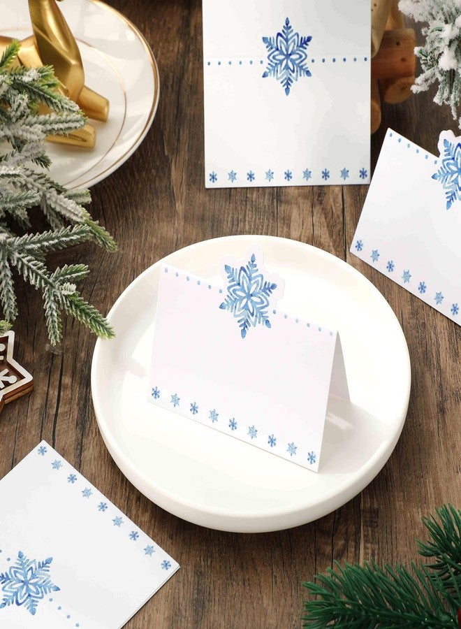 Whaline 100Pcs Christmas Place Cards 2 x 3.5 Inch Watercolor Blue Snowflake Tented Cards Table Name Sign for Xmas Winter Party Banquet Reception Table Setting Supplies - Image 4