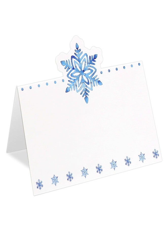 Whaline 100Pcs Christmas Place Cards 2 x 3.5 Inch Watercolor Blue Snowflake Tented Cards Table Name Sign for Xmas Winter Party Banquet Reception Table Setting Supplies - Image 1