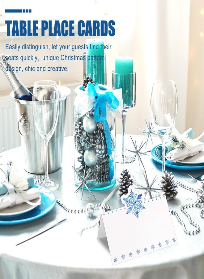 Whaline 100Pcs Christmas Place Cards 2 x 3.5 Inch Watercolor Blue Snowflake Tented Cards Table Name Sign for Xmas Winter Party Banquet Reception Table Setting Supplies - Image 2